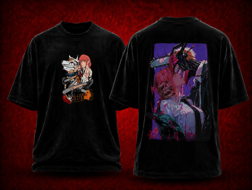 Chainsaw Man Chainsaw Man black T-shirt front and back model