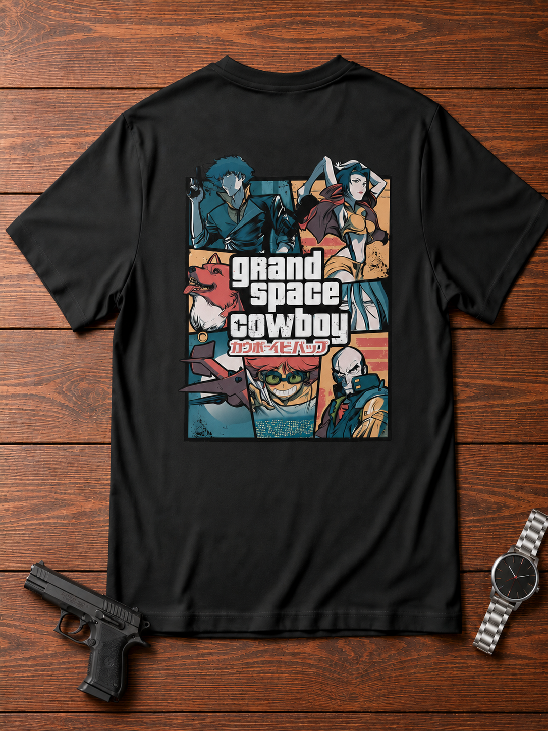 Spike Spiegel Cowboy Bebop black T-shirt back flatlay