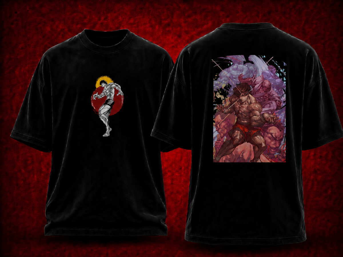 Baki Hanma Baki black T-shirt front and back model