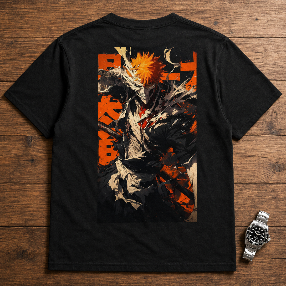 Ichigo Kurosaki Bleach black T-shirt back flatlay