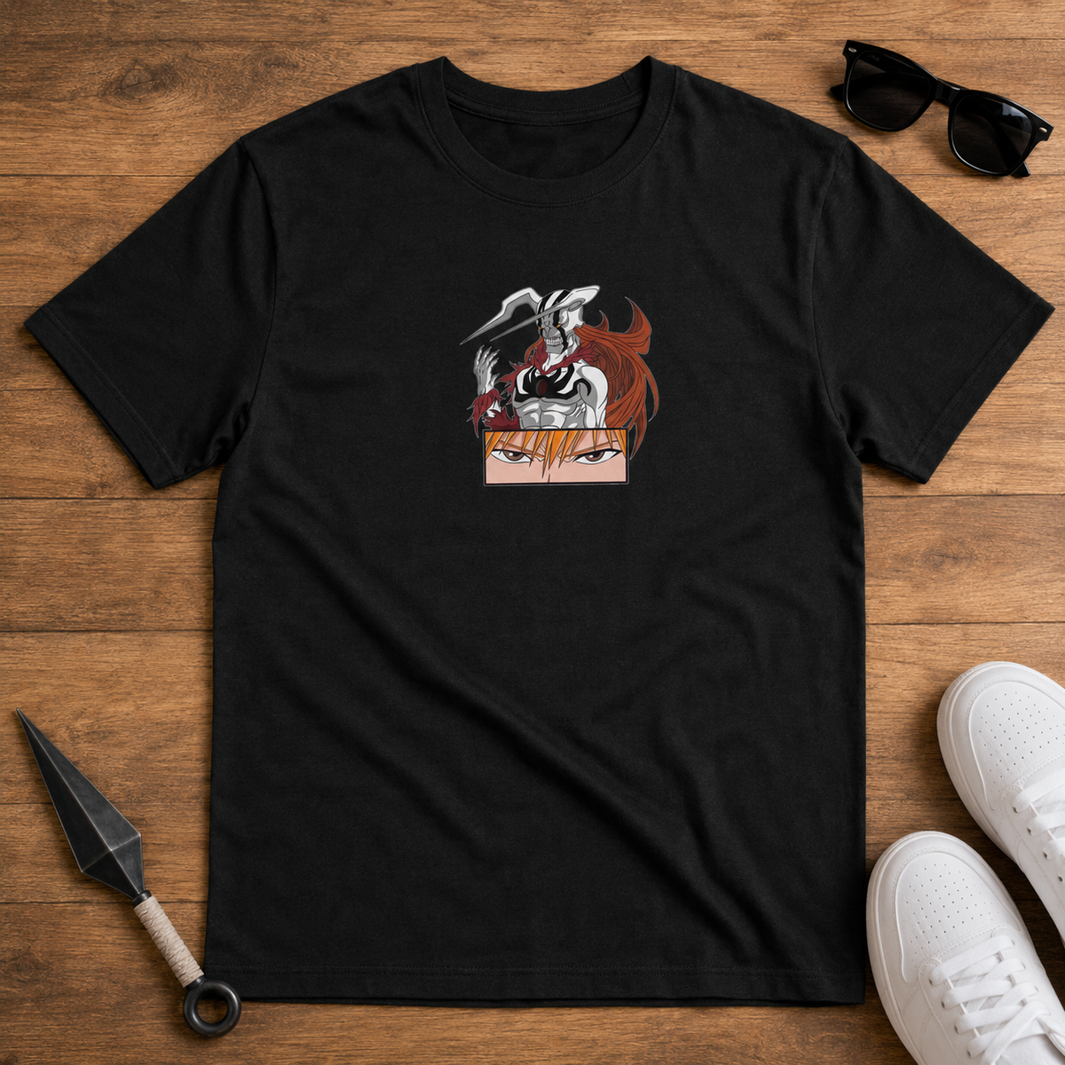 Ichigo Kurosaki Bleach black T-shirt front flatlay