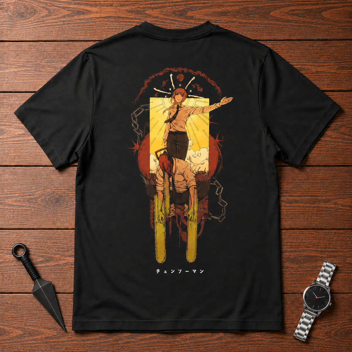 Denji Chainsaw Man black T-shirt back flatlay