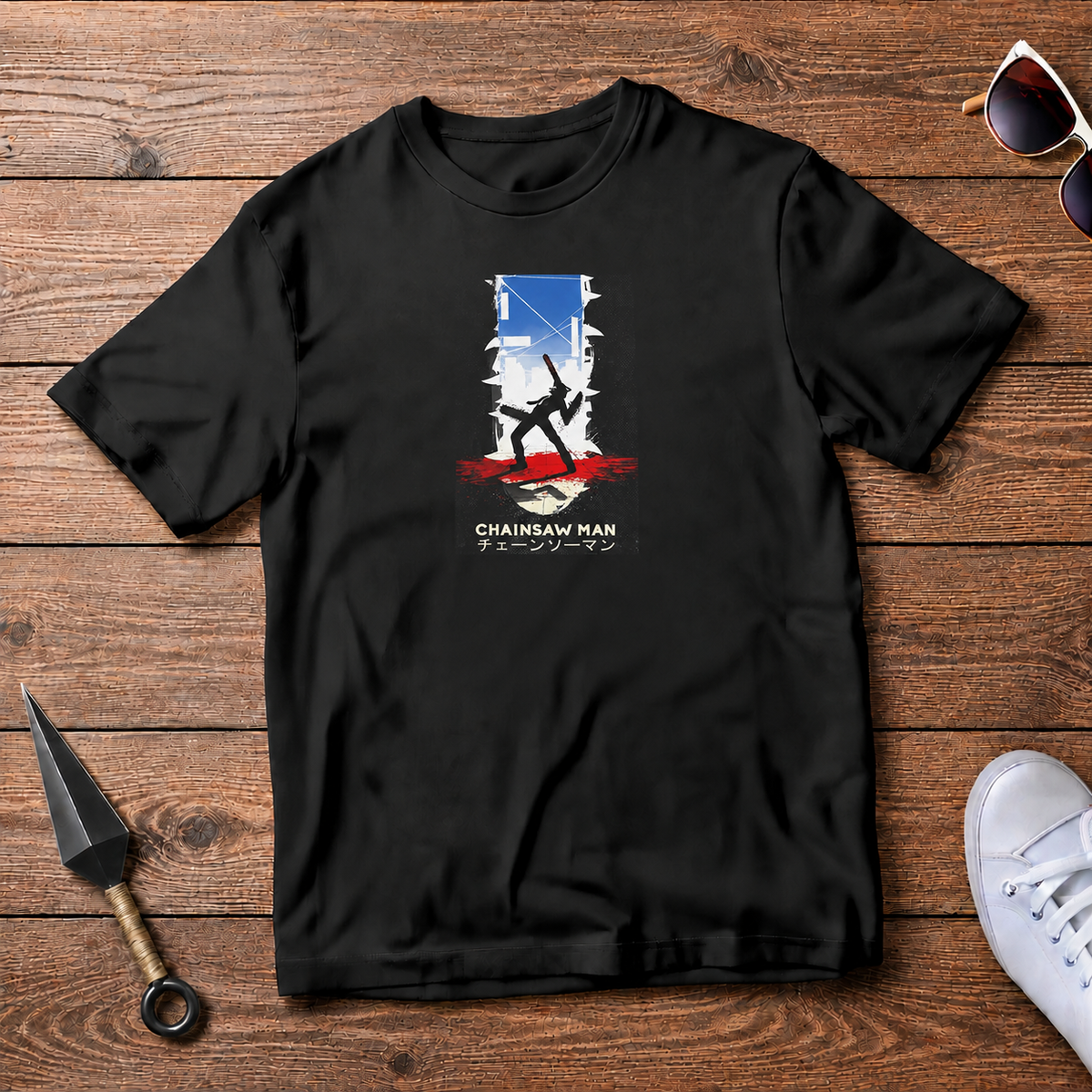Denji Chainsaw Man black T-shirt front flatlay