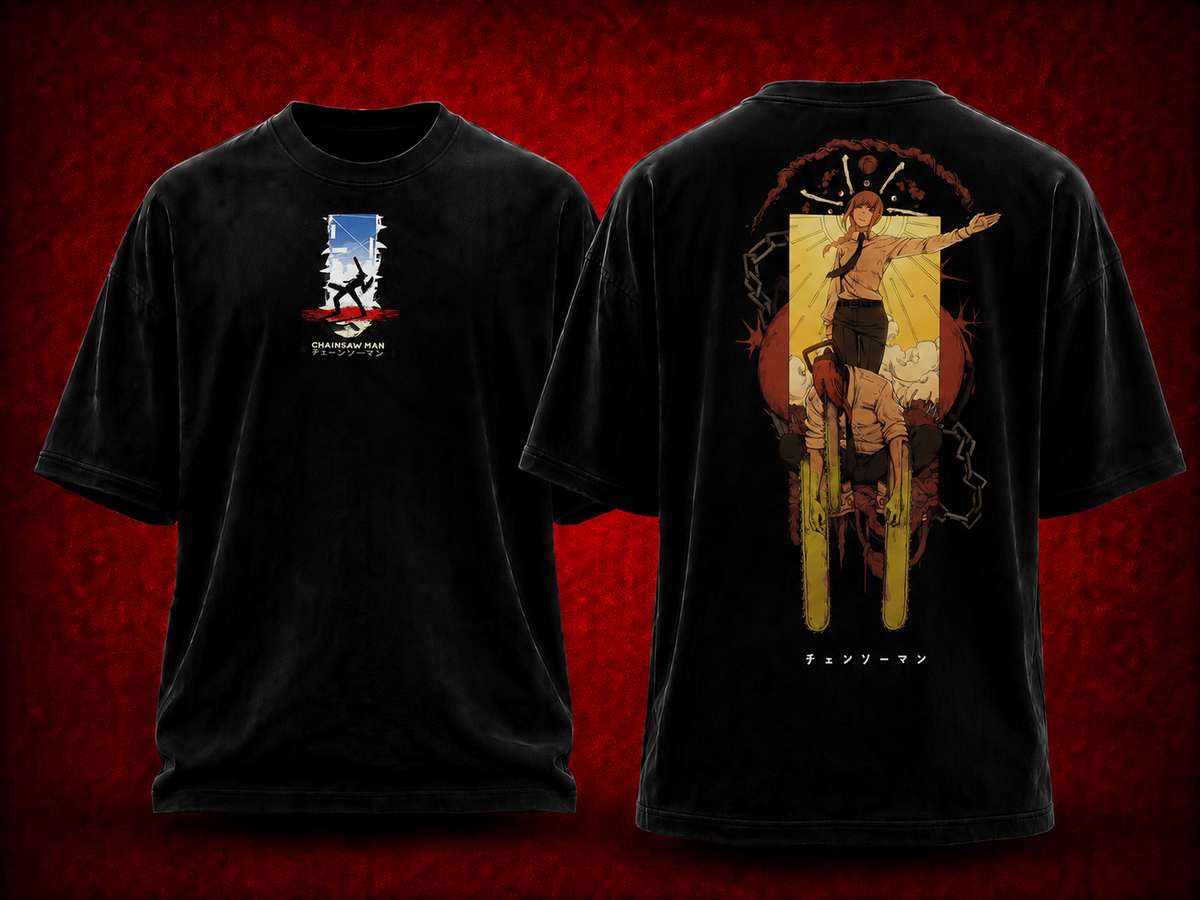 Denji Chainsaw Man black T-shirt front and back model