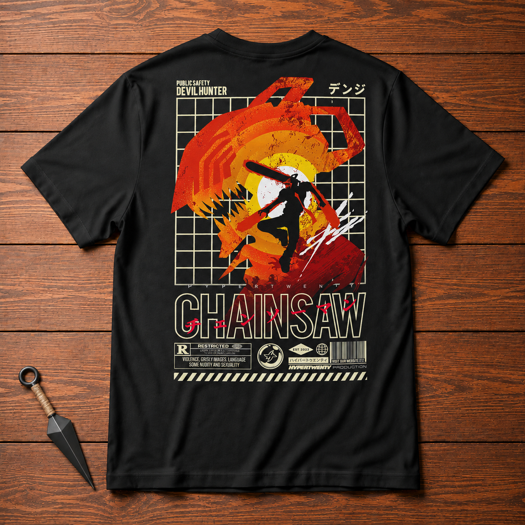 Denji Chainsaw Man black T-shirt back flatlay