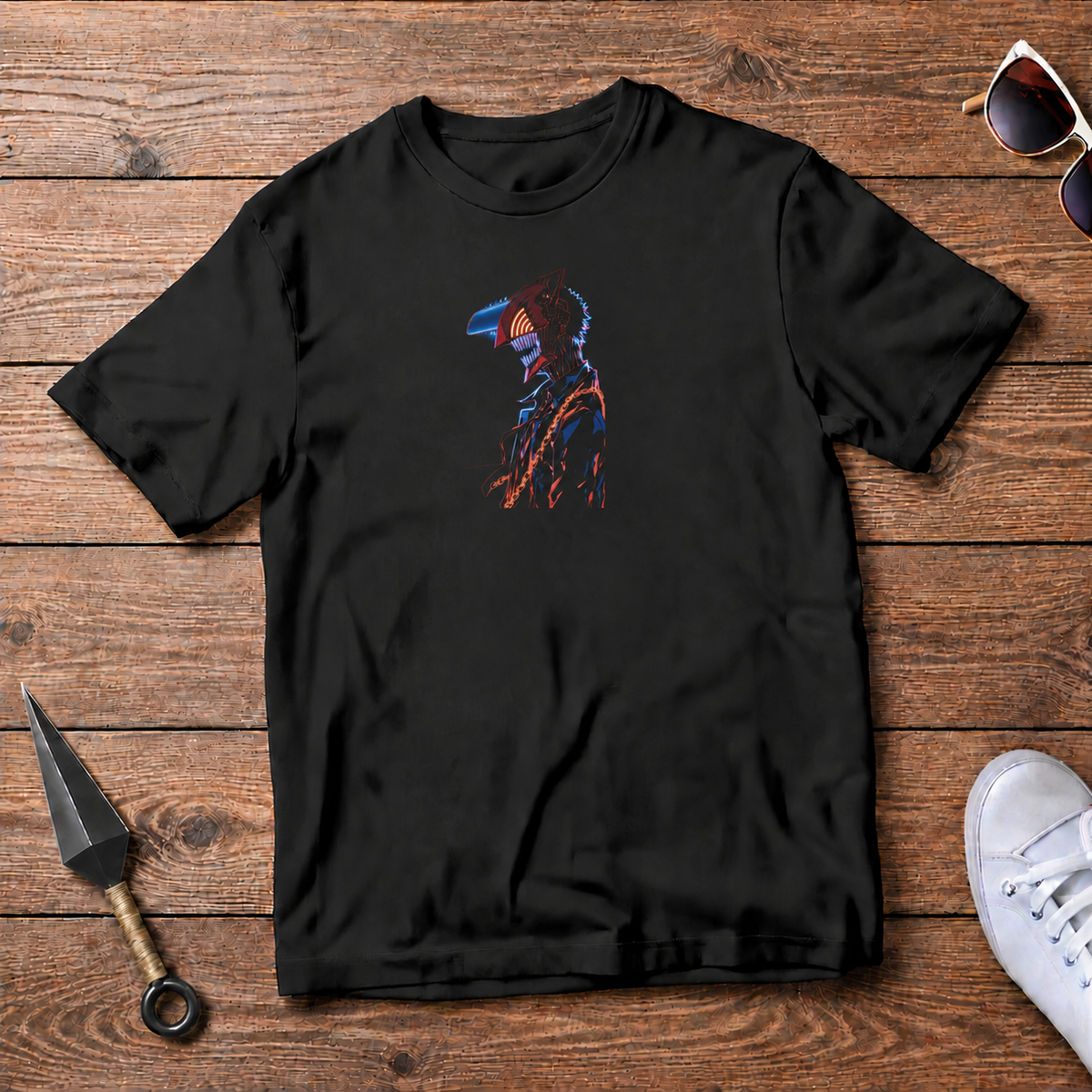 Denji Chainsaw Man black T-shirt front flatlay