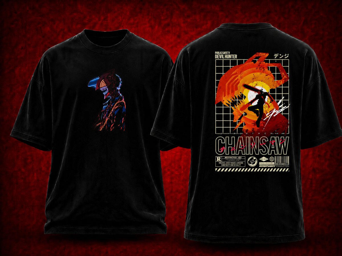 Denji Chainsaw Man black T-shirt front and back model