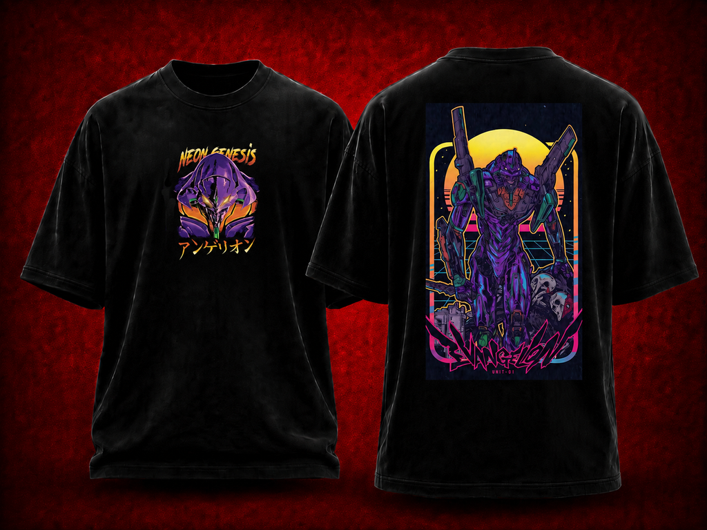 Evangelion Neon Genesis Evangelion black T-shirt front and back model