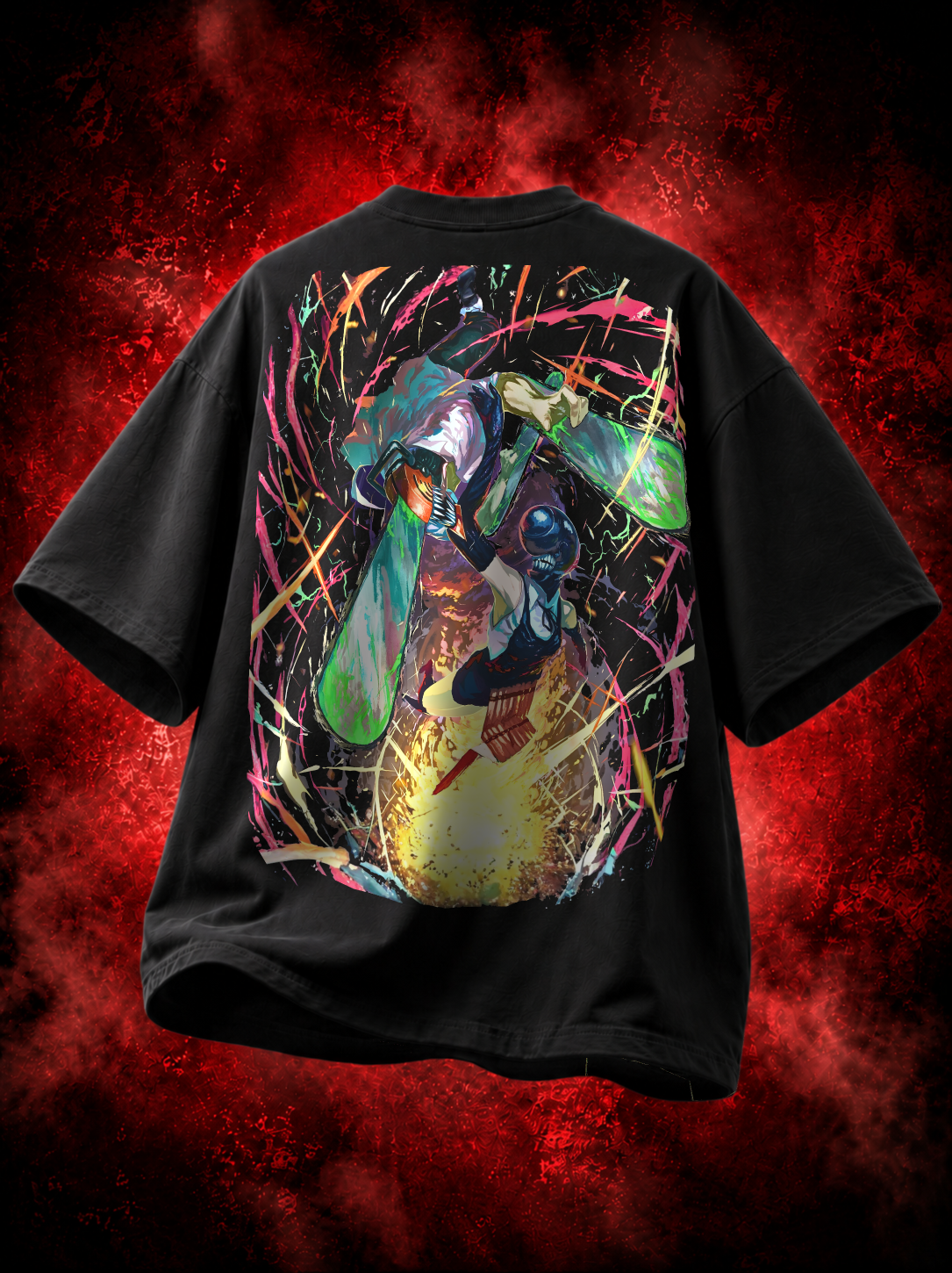 Denji & Reze Chainsaw Man Premium Oversized T-Shirt – Action Design – mockup fancy floating chainsaw man denji reze action 2 BACK