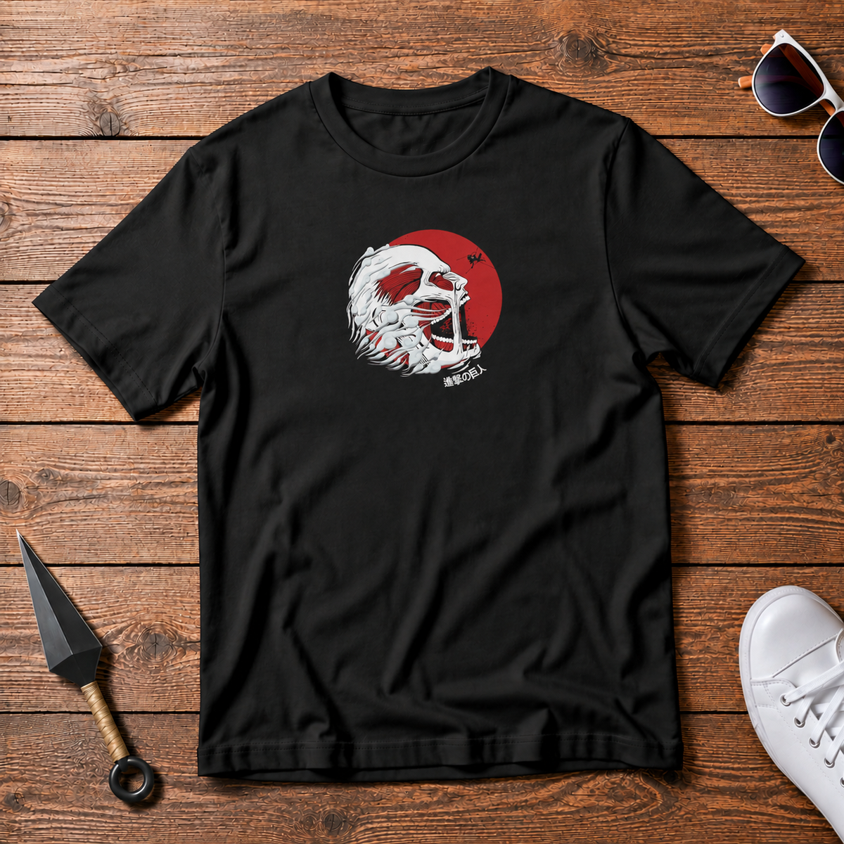 Levi Ackerman Attack on Titan black T-shirt front flatlay