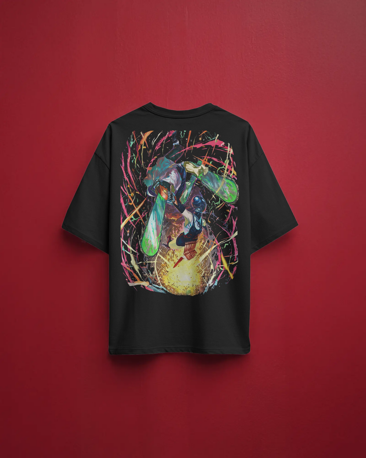 Denji & Reze Chainsaw Man Premium Oversized T-Shirt – Action Design – mockup floating chainsaw man denji reze action 2 BACK