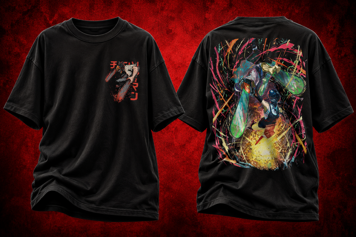 Denji & Reze Chainsaw Man Premium Oversized T-Shirt – Action Design – mockup floating chainsaw man denji reze action 2 combo