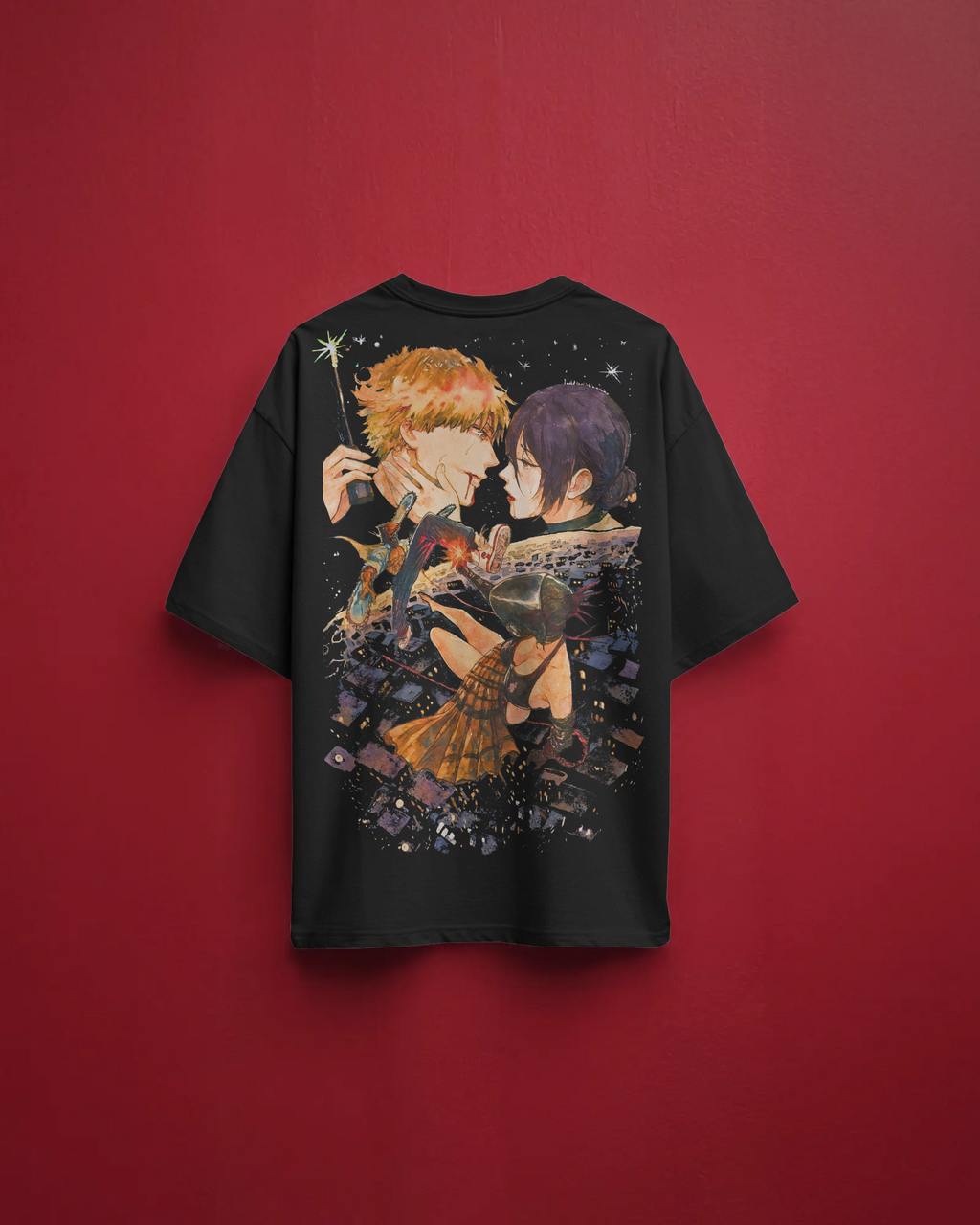 Denji & Reze Chainsaw Man Premium Oversized T-Shirt – Couple Design – mockup floating chainsaw man denji reze couple BACK