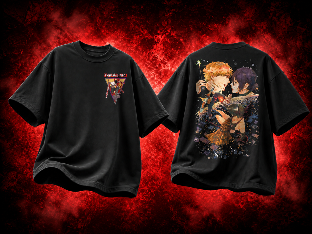 Denji & Reze Chainsaw Man Premium Oversized T-Shirt – Couple Design – mockup floating chainsaw man denji reze couple COMBO