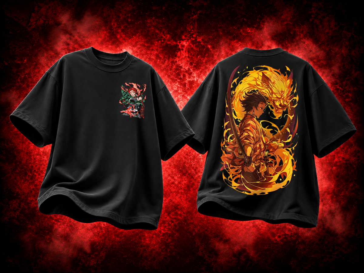 Tanjiro Kamado Demon Slayer Premium Oversized T-Shirt – mockup floating demon slayer tanjiro 2 COMBO