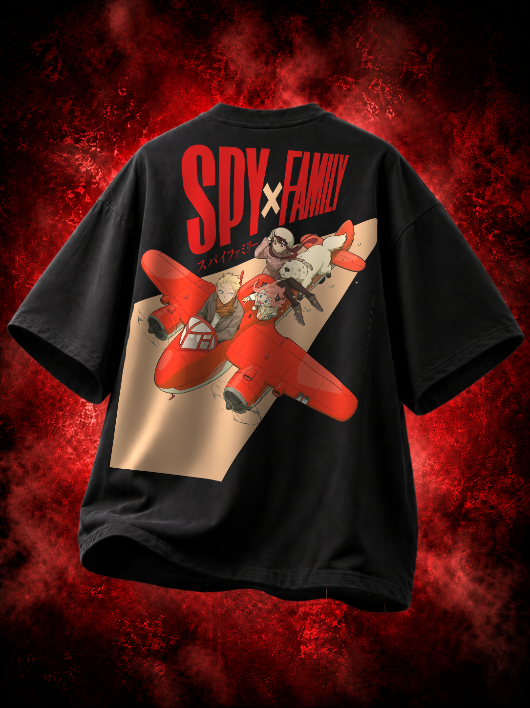 SPY x FAMILY Premium Oversized T-Shirt – Anya & Bond – mockup floating spy family plane BACK 2