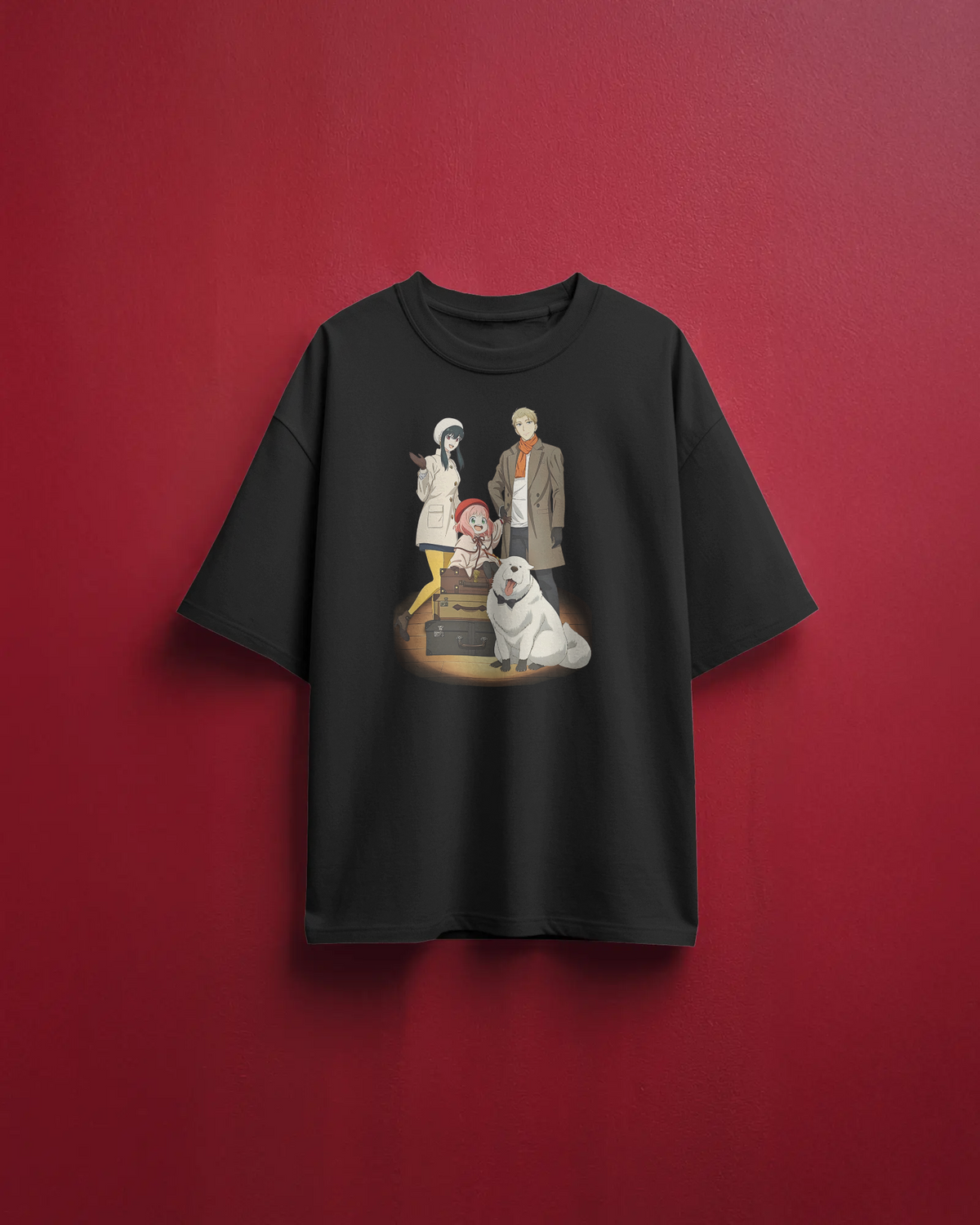 SPY x FAMILY Premium Oversized T-Shirt – Anya & Bond – mockup floating spy family plane FRONT