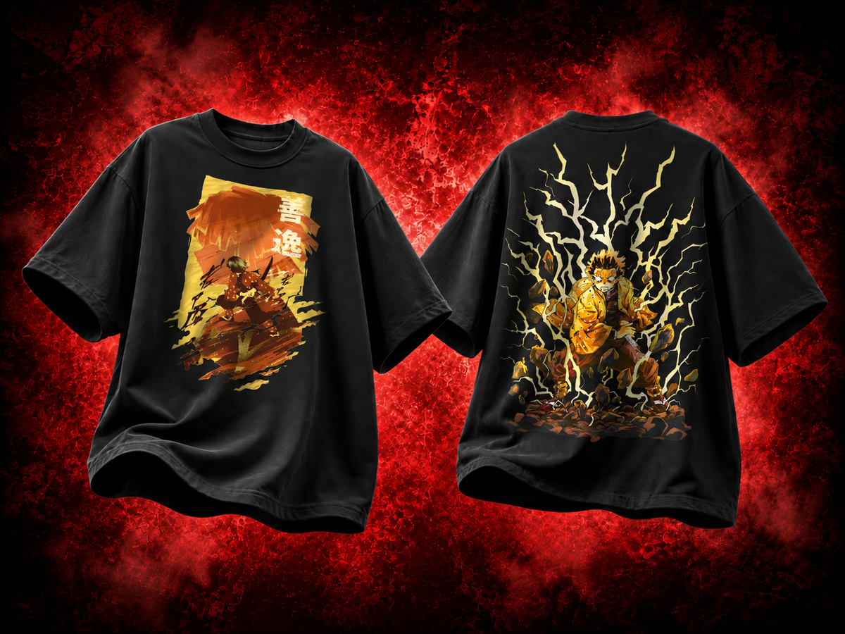 Zenitsu Agatsuma Demon Slayer Premium Oversized T-Shirt – mockup floating zenitsu 1 COMBO
