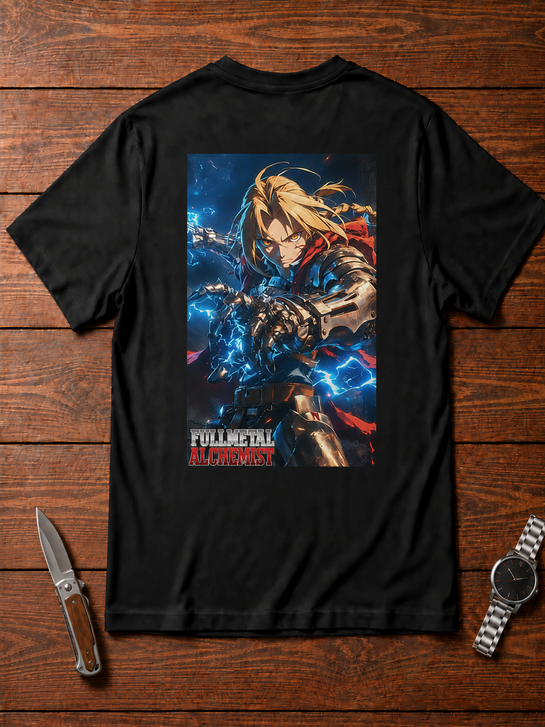 Edward Elric Fullmetal Alchemist black T-shirt back flatlay