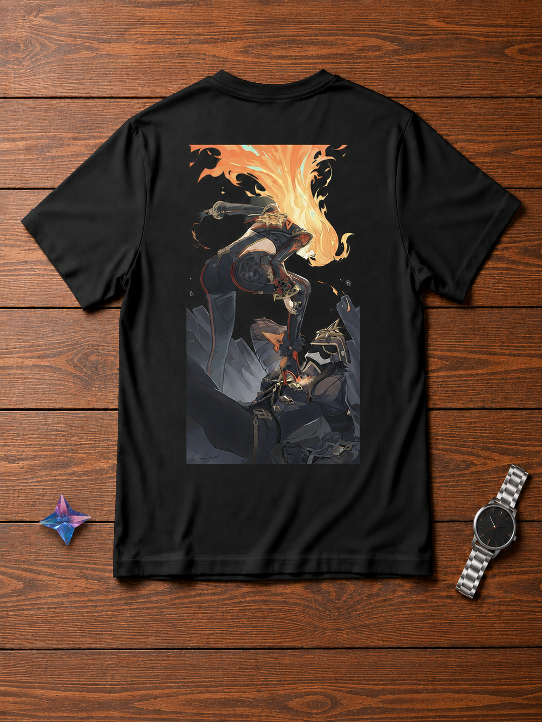 Mavuika Genshin Impact black T-shirt back flatlay