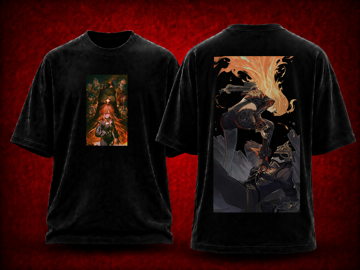 Mavuika Genshin Impact black T-shirt front and back model