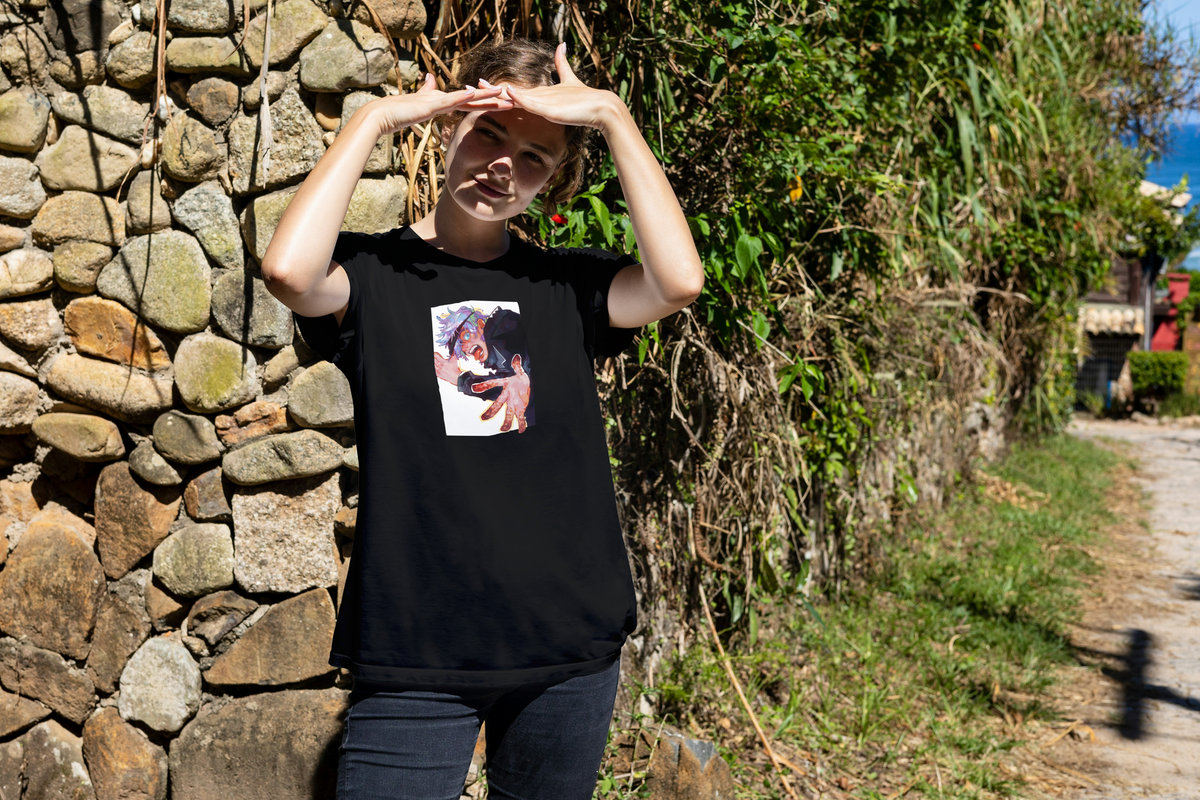 Gojo Satoru Jujutsu Kaisen black T-shirt front model