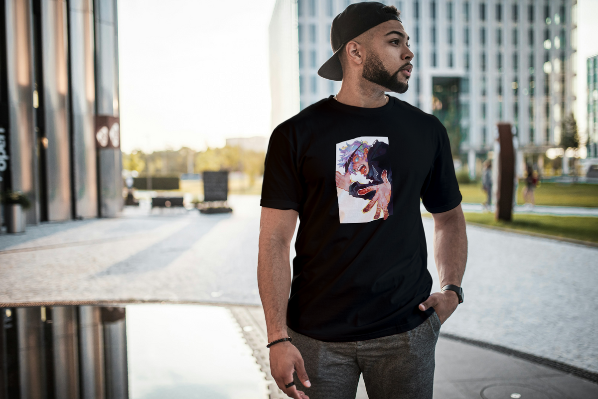 Gojo Satoru Jujutsu Kaisen black T-shirt front model