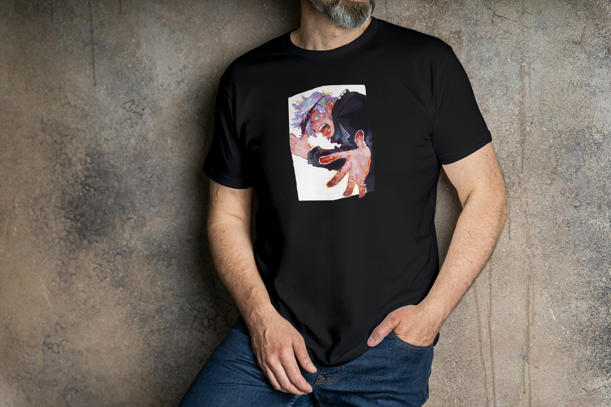 Gojo Satoru Jujutsu Kaisen black T-shirt front model