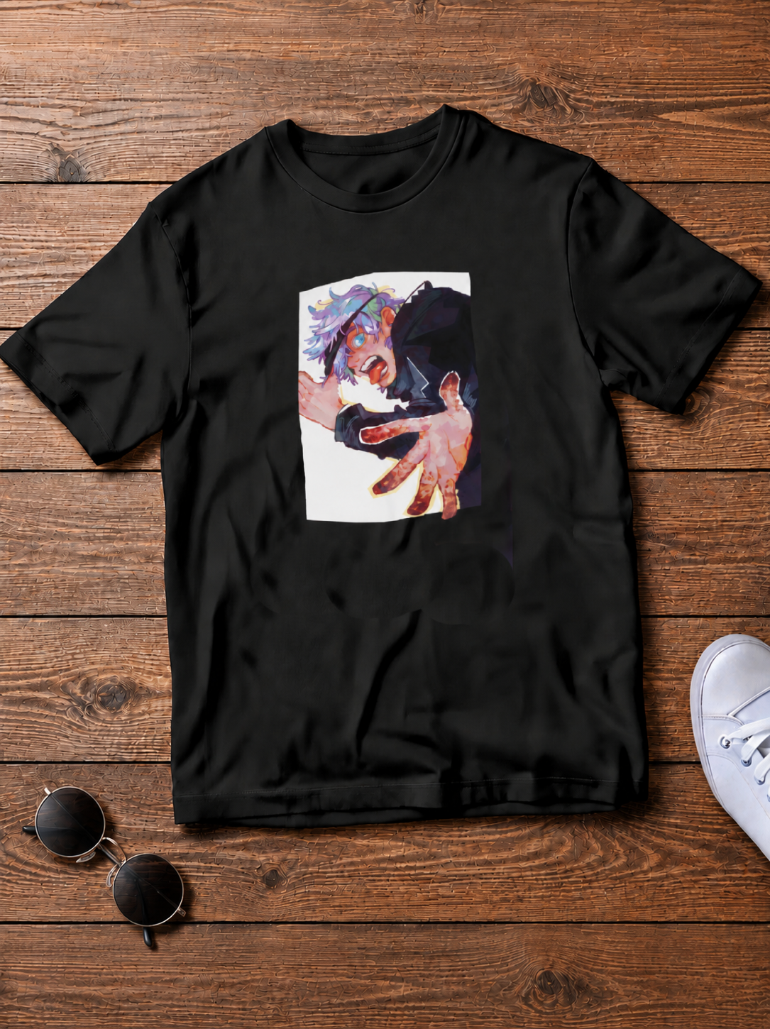Gojo Satoru Jujutsu Kaisen black T-shirt front flatlay