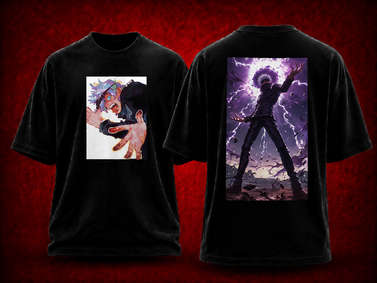 Gojo Satoru Jujutsu Kaisen black T-shirt front and back model
