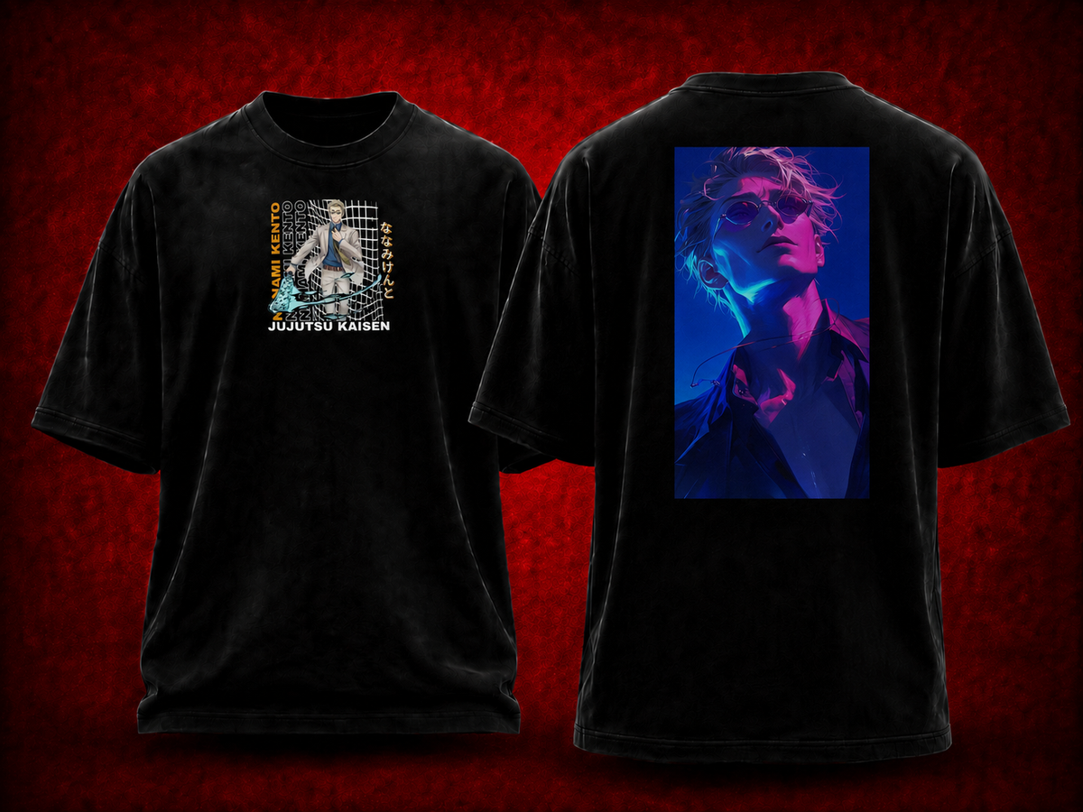 Kento Nanami Jujutsu Kaisen black T-shirt front and back model