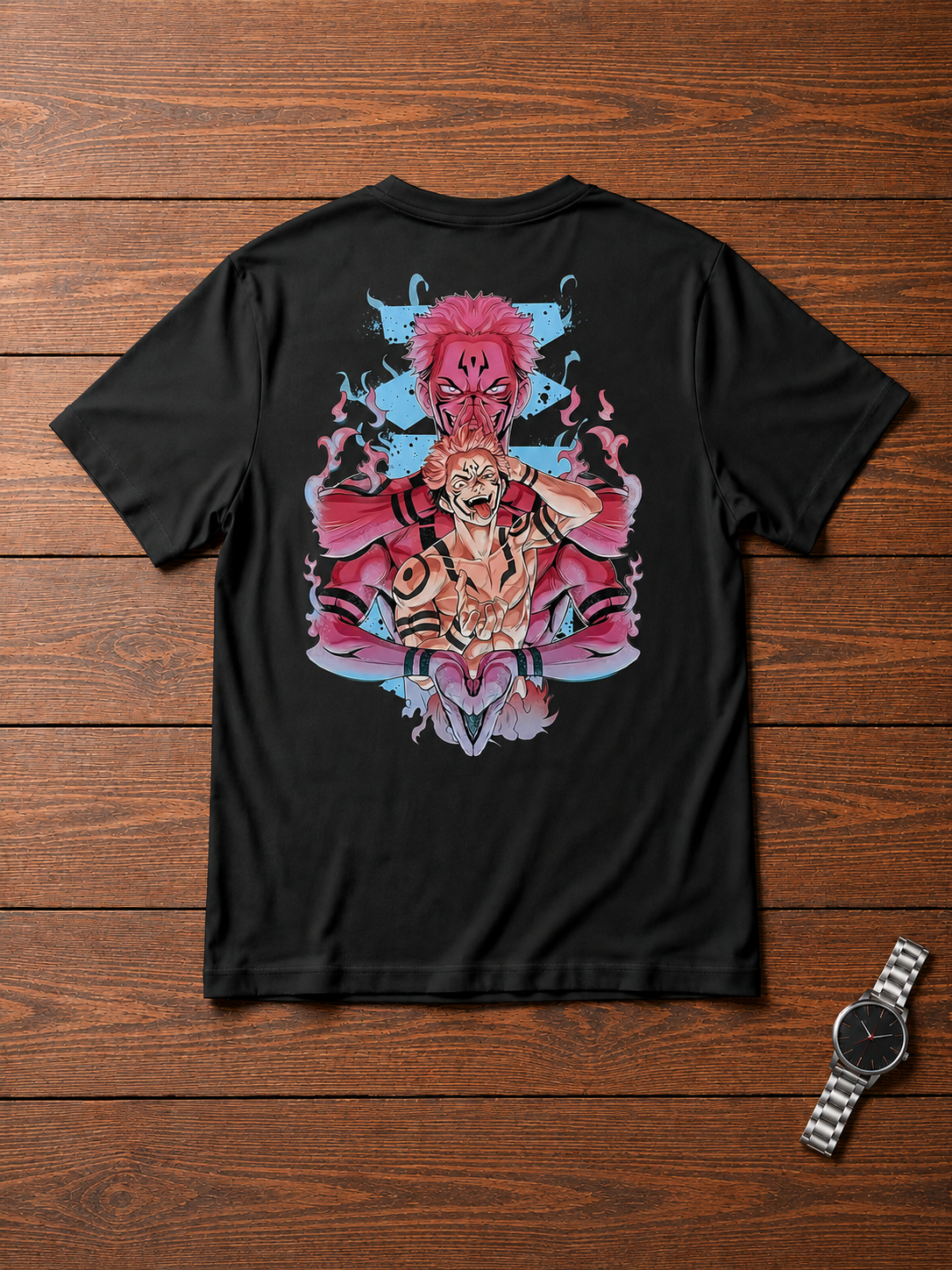 Ryomen Sukuna Jujutsu Kaisen black T-shirt back flatlay