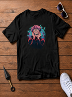 Ryomen Sukuna Jujutsu Kaisen black T-shirt front flatlay