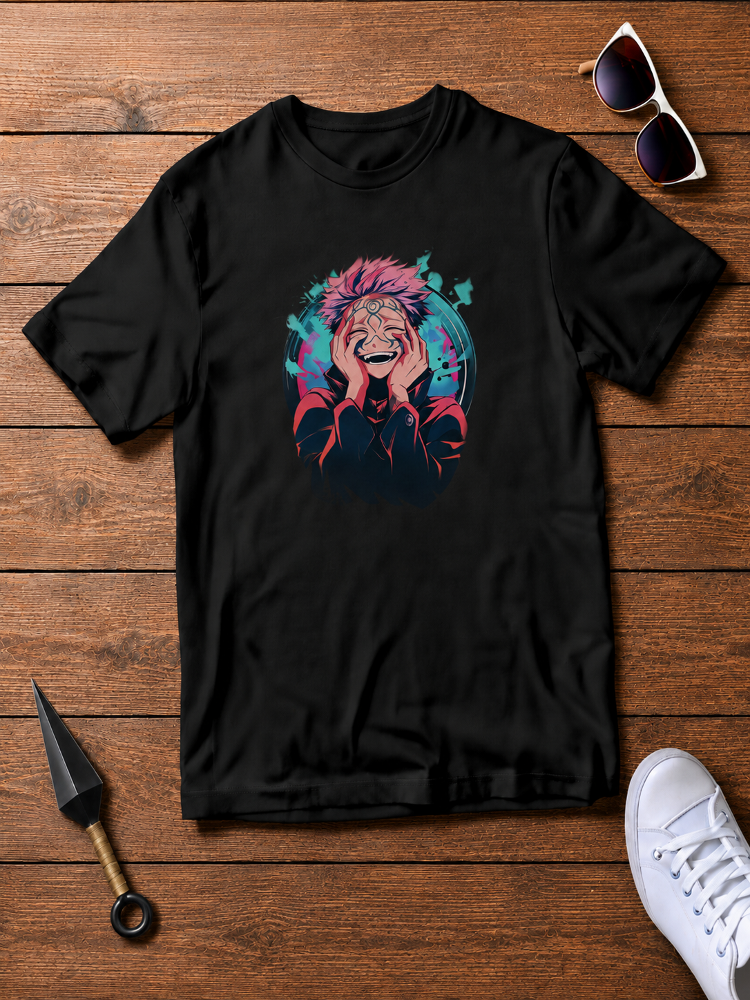 Ryomen Sukuna Jujutsu Kaisen black T-shirt front flatlay