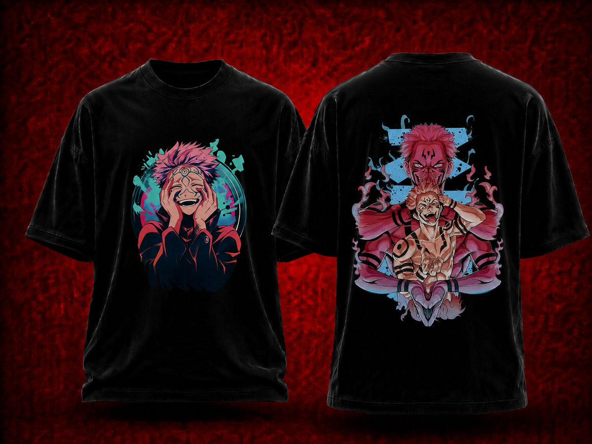 Ryomen Sukuna Jujutsu Kaisen black T-shirt front and back model