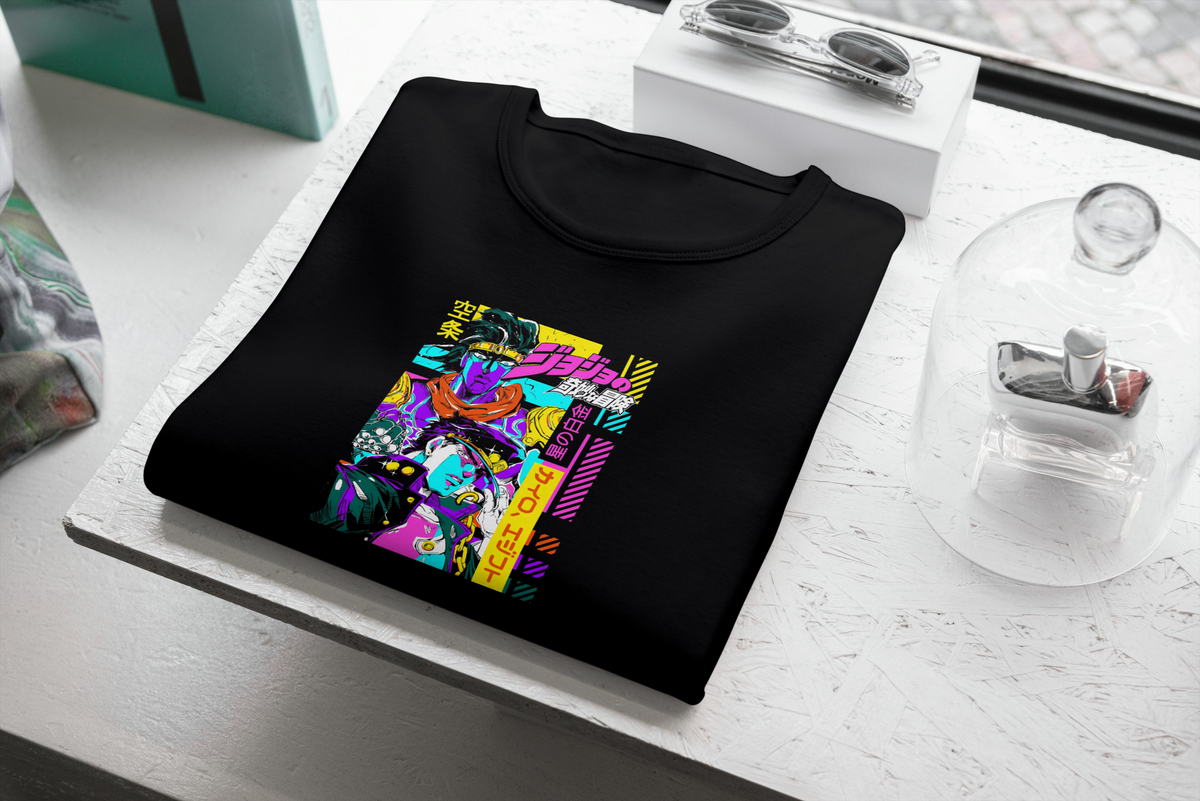 JoJo's Bizarre Adventure JoJo's Bizarre Adventure black T-shirt front flatlay