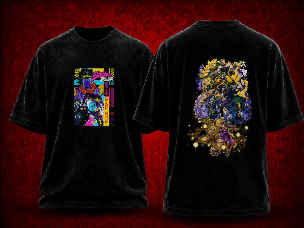 JoJo's Bizarre Adventure JoJo's Bizarre Adventure black T-shirt front and back model