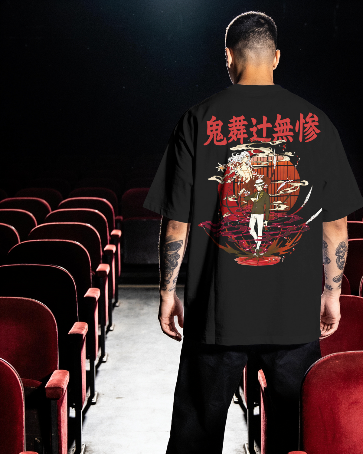 Muzan Kibutsuji Demon Slayer Premium Oversized T-Shirt – mockup lifestyle Demon Slayer Muzan 1 BACK