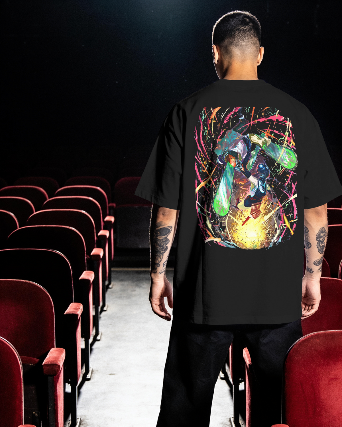 Denji & Reze Chainsaw Man Premium Oversized T-Shirt – Action Design – mockup lifestyle chainsaw man denji reze action 2 BACK