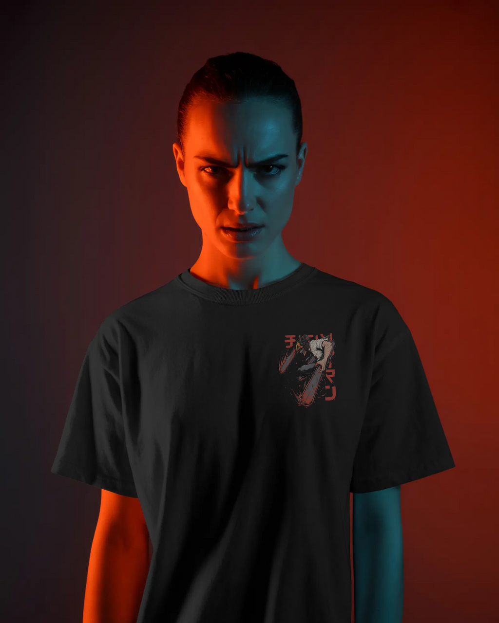 Denji & Reze Chainsaw Man Premium Oversized T-Shirt – Action Design – mockup lifestyle chainsaw man denji reze action 2 FRONT 2