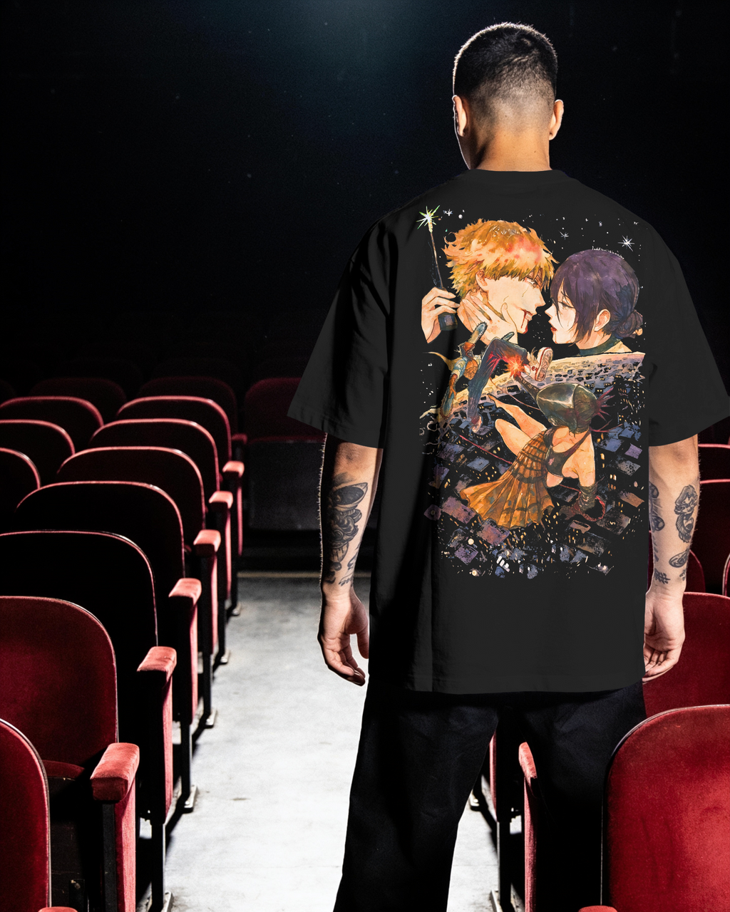 Denji & Reze Chainsaw Man Premium Oversized T-Shirt – Couple Design – mockup lifestyle chainsaw man denji reze couple BACK