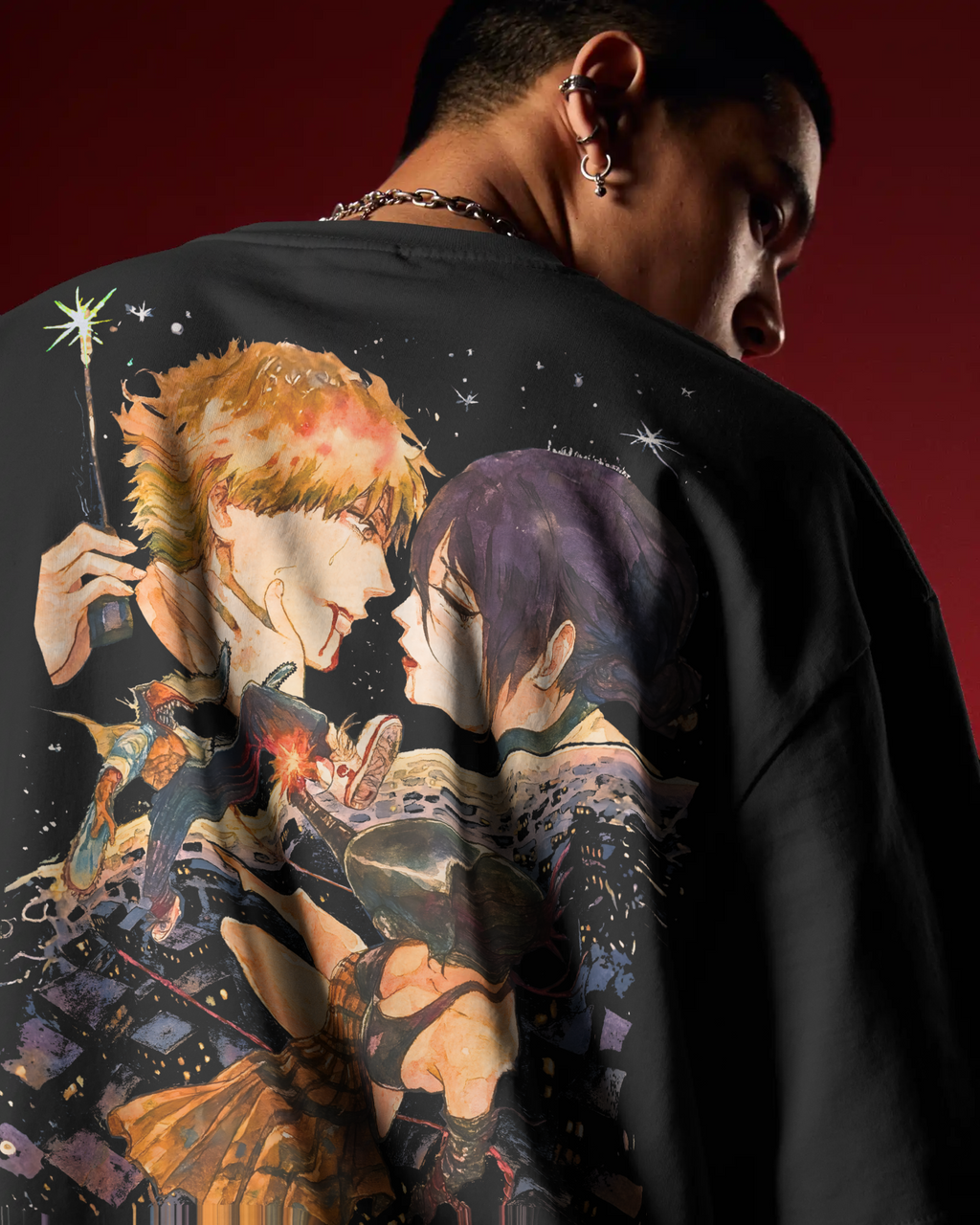 Denji & Reze Chainsaw Man Premium Oversized T-Shirt – Couple Design – mockup lifestyle chainsaw man denji reze couple BACK closeup