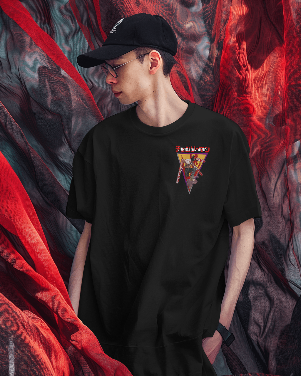 Denji & Reze Chainsaw Man Premium Oversized T-Shirt – Couple Design – mockup lifestyle chainsaw man denji reze couple FRONT