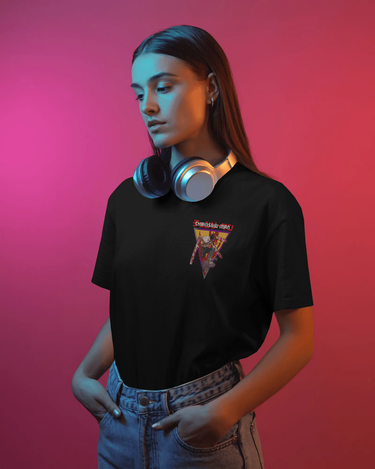 Denji & Reze Chainsaw Man Premium Oversized T-Shirt – Couple Design – mockup lifestyle chainsaw man denji reze couple FRONT 2