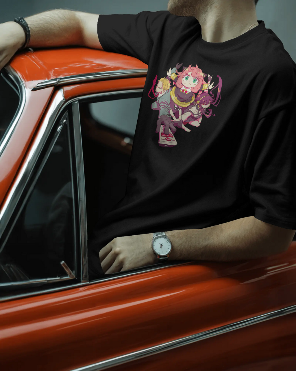 SPY x FAMILY Premium Oversized T-Shirt – Loid, Anya & Yor – mockup lifestyle closeup spy family 2 FRONT