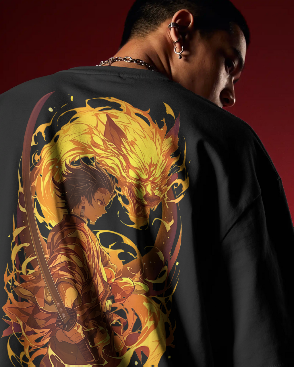 Tanjiro Kamado Demon Slayer Premium Oversized T-Shirt – mockup lifestyle demon slayer tanjiro 2 BACK closeup