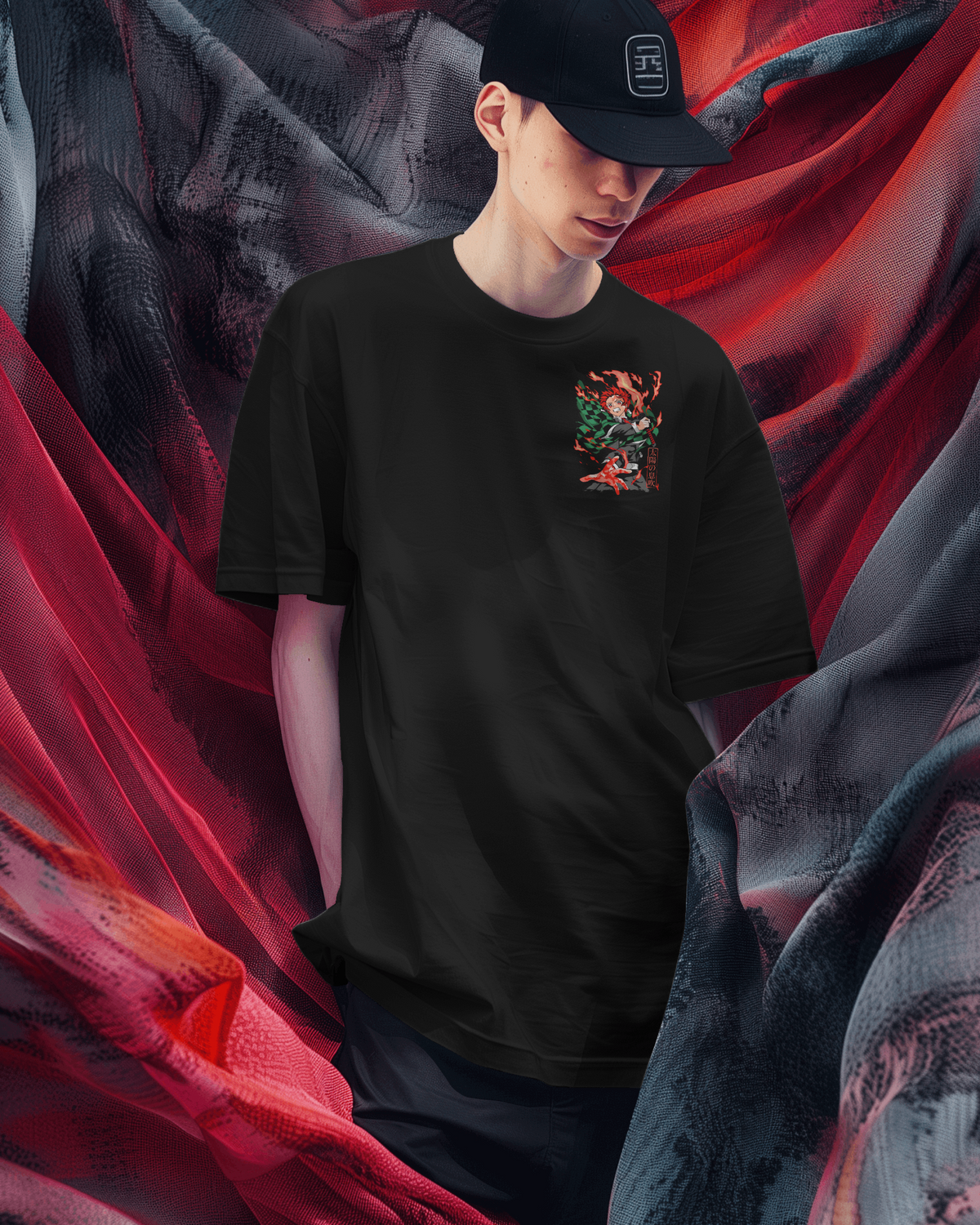 Tanjiro Kamado Demon Slayer Premium Oversized T-Shirt – mockup lifestyle demon slayer tanjiro 2 FRONT