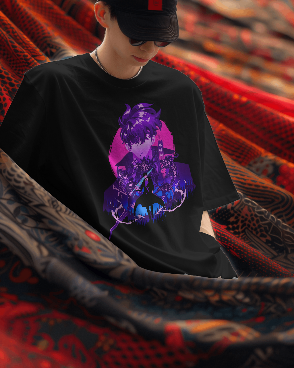 Sung Jinwoo Solo Leveling Premium Oversized T-Shirt – Blade Design – mockup lifestyle solo leveling jinwoo blade 2 FRONT