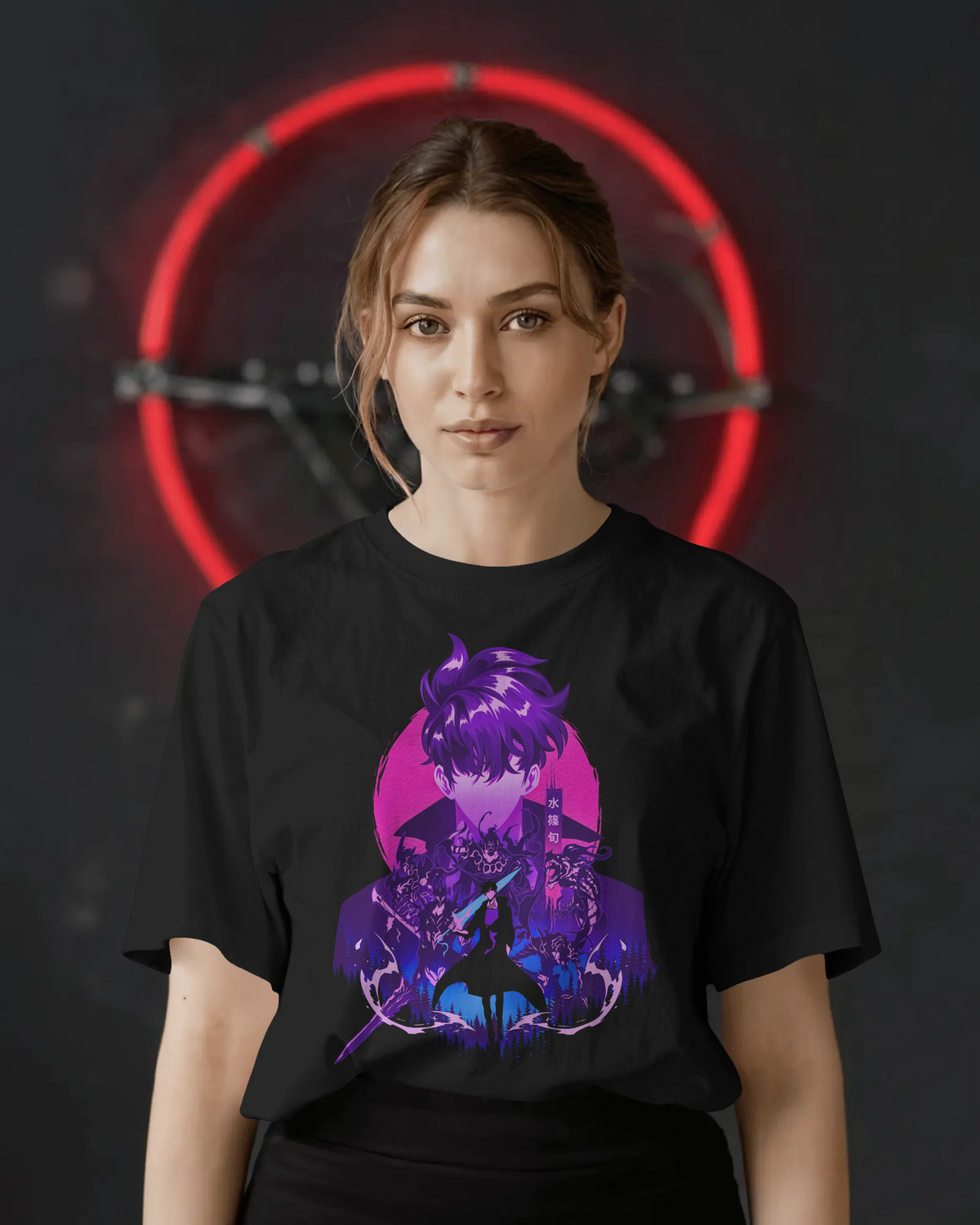 Sung Jinwoo Solo Leveling Premium Oversized T-Shirt – Blade Design – mockup lifestyle solo leveling jinwoo blade 2 FRONT 2