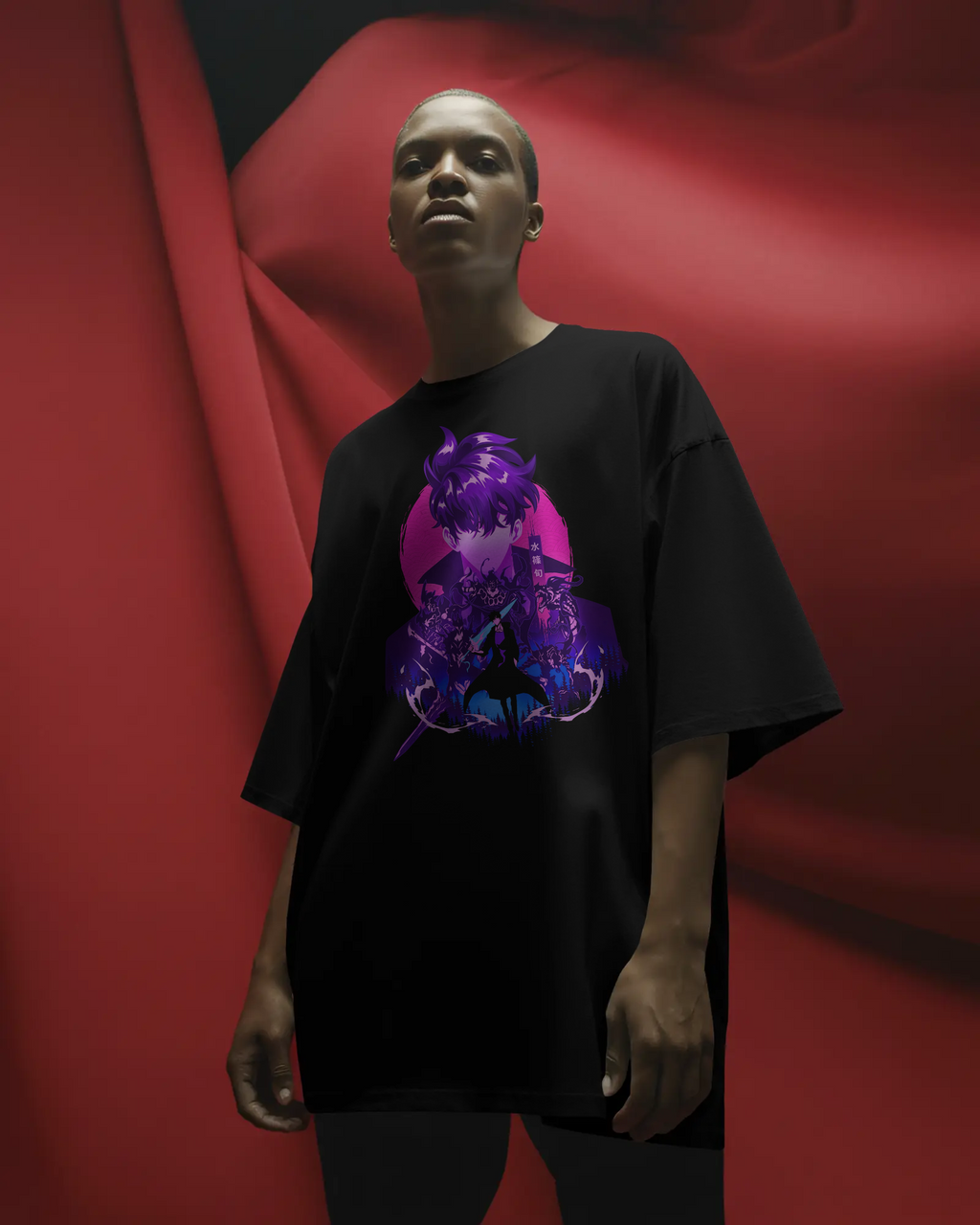 Sung Jinwoo Solo Leveling Premium Oversized T-Shirt – Blade Design – mockup lifestyle solo leveling jinwoo blade 2 FRONT 3